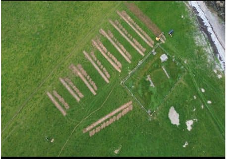 Aerial view of a series of investigation trenches in a field at Fenit